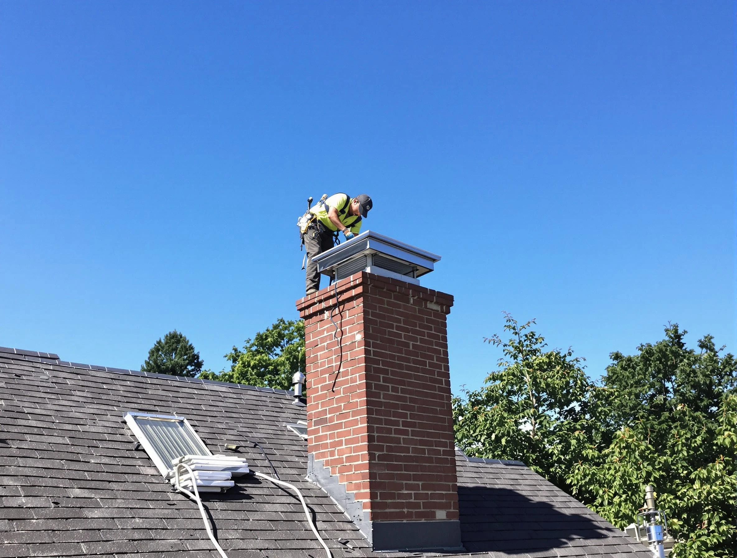 Union City Chimney Sweep technician measuring a chimney cap in Union City, NJ